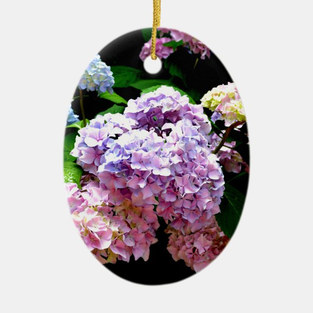Hydrangea garden, pink, blue, purple floral ceramic ornament (Front)