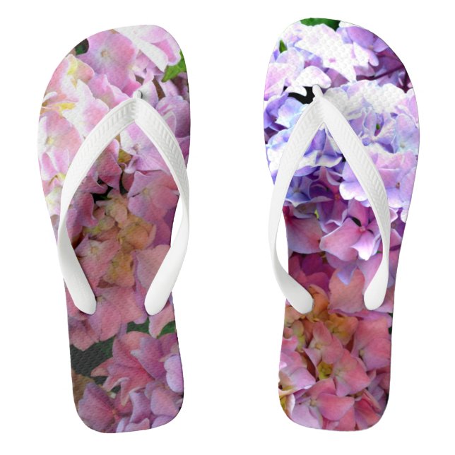Hydrangea garden, pink, blue, purple floral flip flops (Footbed)
