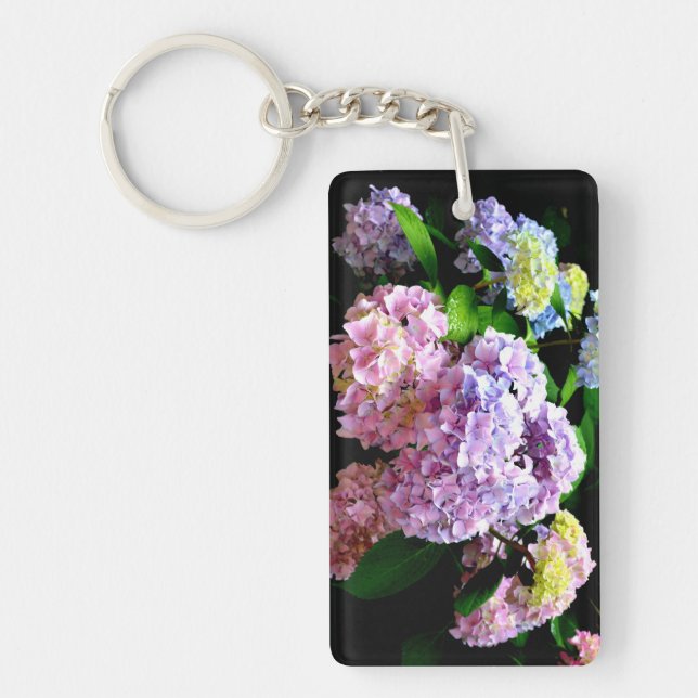 Hydrangea garden, pink, blue, purple floral keychain (Front)