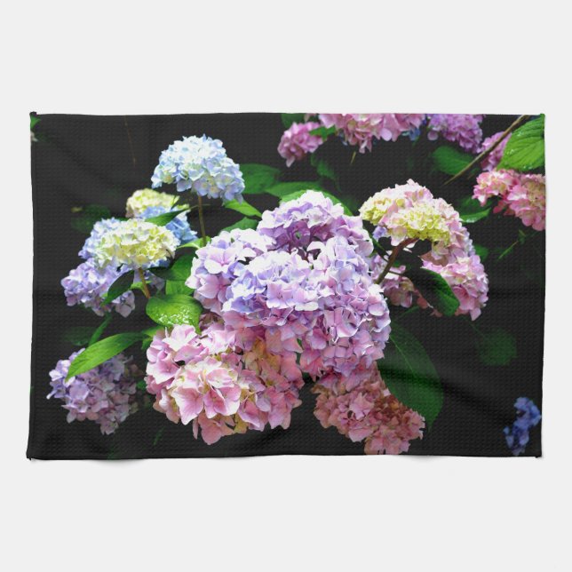 Hydrangea garden, pink, blue, purple floral kitchen towel (Horizontal)