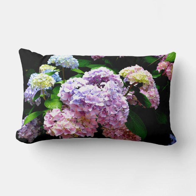 Hydrangea garden, pink, blue, purple floral lumbar pillow (Front)