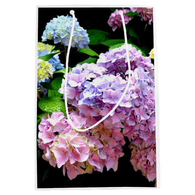 Hydrangea garden, pink, blue, purple floral medium gift bag (Front)