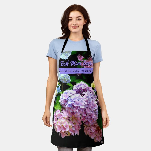 Hydrangea garden pink blue purple floral mom gift apron (Worn)