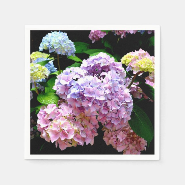 Hydrangea garden, pink, blue, purple floral napkins (Front)