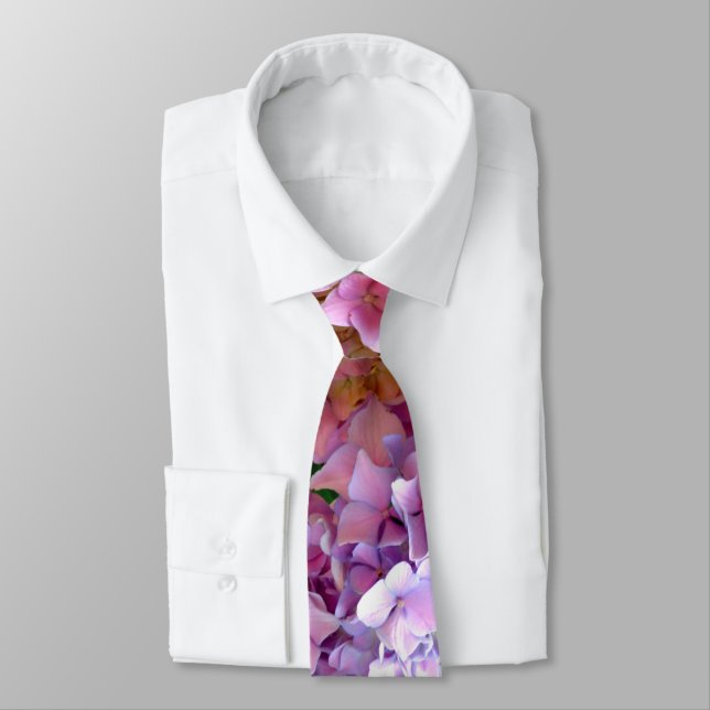 Hydrangea garden, pink, blue, purple floral neck tie (Tied)