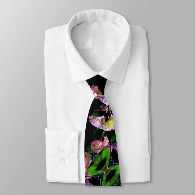 Hydrangea garden, pink, blue, purple floral neck tie (Tied)