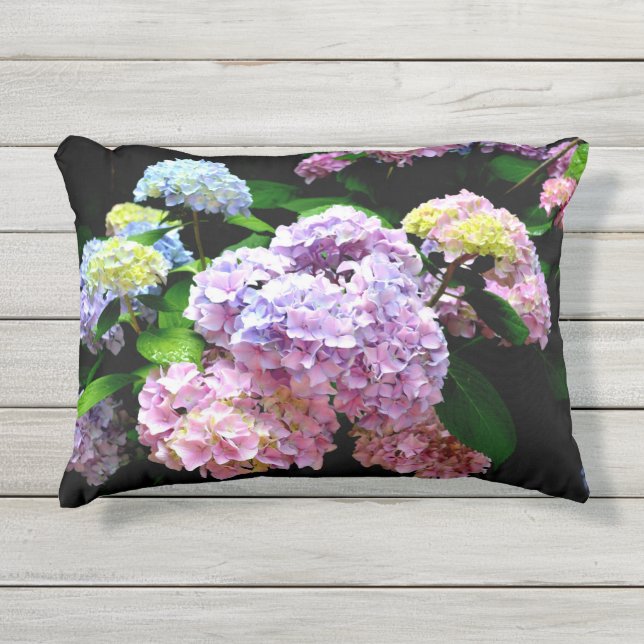 Hydrangea garden, pink, blue, purple floral outdoor pillow (Front)
