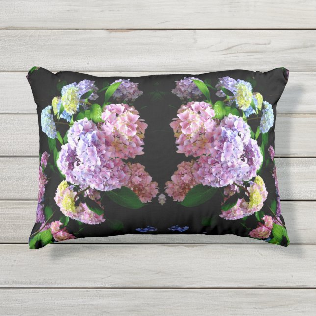 Hydrangea garden, pink, blue, purple floral outdoor pillow (Front)
