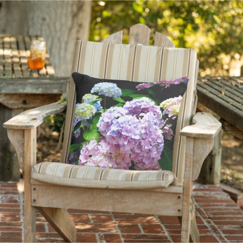 Hydrangea garden pink blue purple floral outdoor pillow