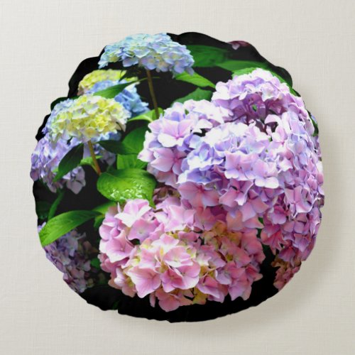 Hydrangea garden pink blue purple floral round pillow