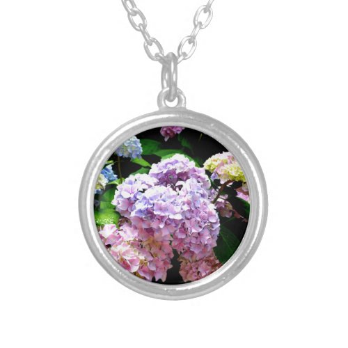 Hydrangea garden pink blue purple floral silver plated necklace