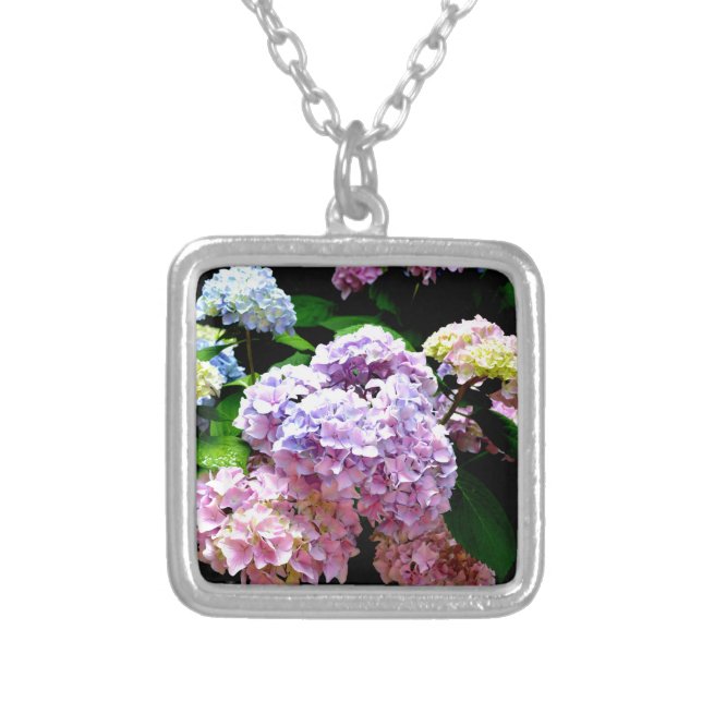 Hydrangea garden, pink, blue, purple floral silver plated necklace (Front)