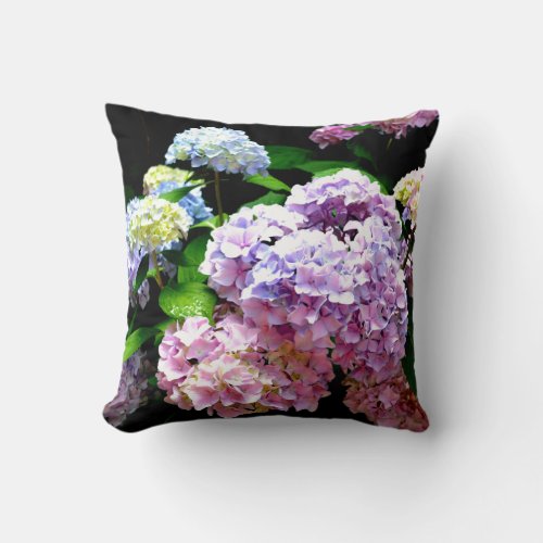 Hydrangea garden pink blue purple floral throw pillow