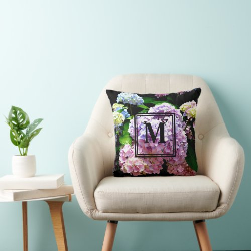 Hydrangea garden pink blue purple floral throw pillow