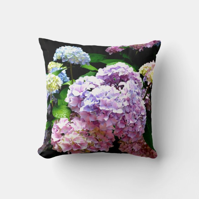 Hydrangea garden, pink, blue, purple floral throw pillow (Front)