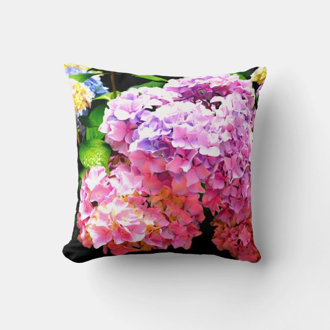 Hydrangea garden, pink, blue, purple floral throw pillow (Front)