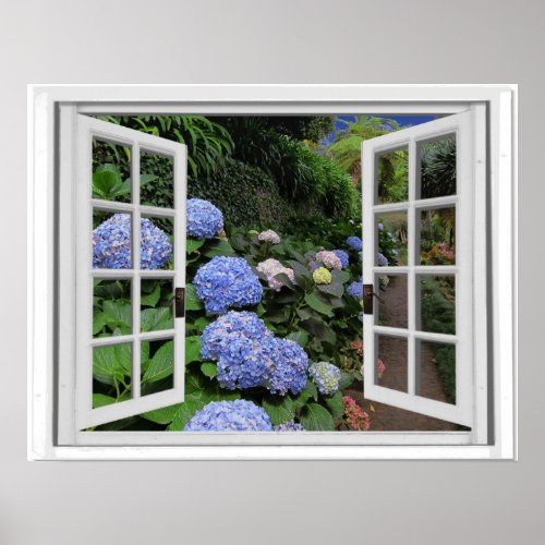 Hydrangea Garden View Faux Window Poster