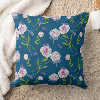 Hydrangea Garden Visitor-Dragonfly Floral Teal Throw Pillow