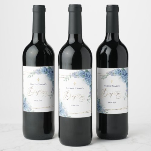 Hydrangea geometric frame  Baptism Wine Label