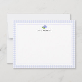 Hydrangea Gingham Border Personalized Stationery Note Card