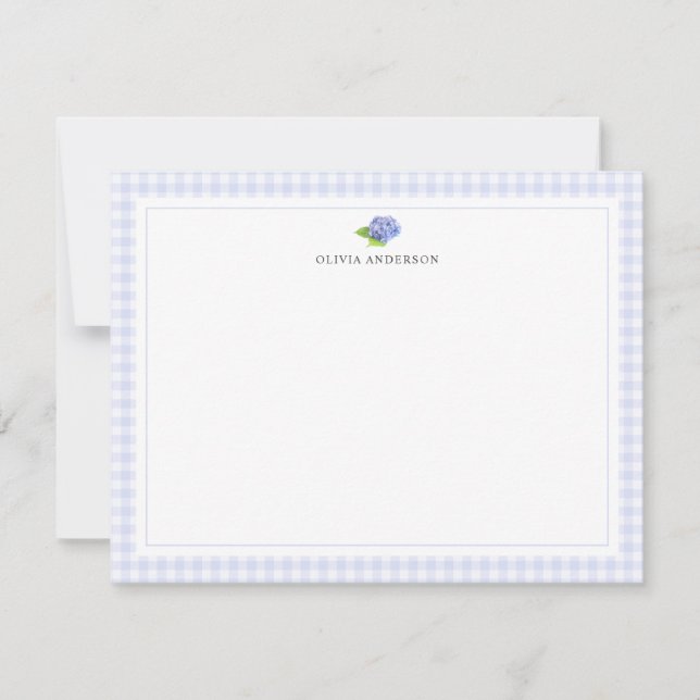 Hydrangea Gingham Border Personalized Stationery Note Card (Front)