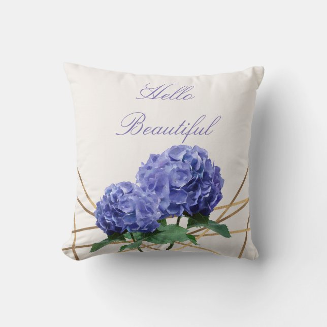 Hydrangea & Gold Elegant Floral Personalized Throw Pillow (Front)