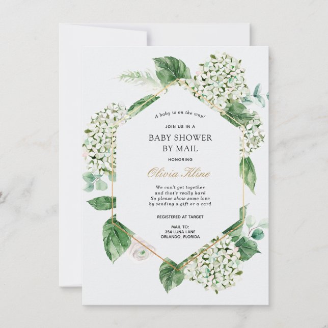 Hydrangea Gold Frame Baby Shower by Mail Invitation (Front)