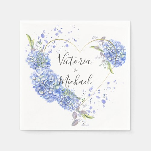 Hydrangea Gold Heart  Watercolor Wedding  Napkins