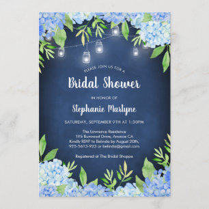 Hydrangea Greenery Navy Jar Lights Bridal Shower Invitation