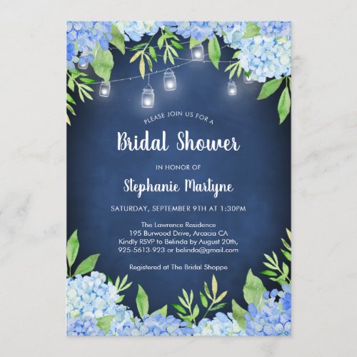 Hydrangea Greenery Navy Jar Lights Bridal Shower Invitation