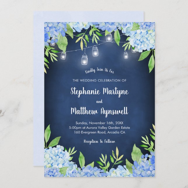 Hydrangea Greenery Navy Mason Jar Lights Wedding Invitation (Front/Back)