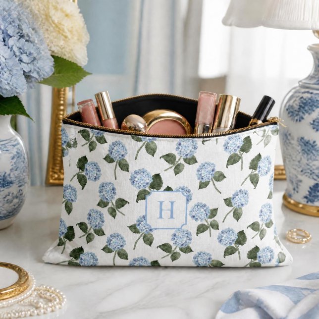 Hydrangea Hamptons Blue Flowers Monogram Accessory Pouch (Blue Hydrangea Monogrammed Cosmetics Bag)