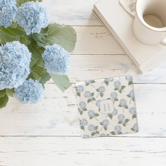 Hydrangea Hamptons Blue Flowers Monogram Stone Coaster