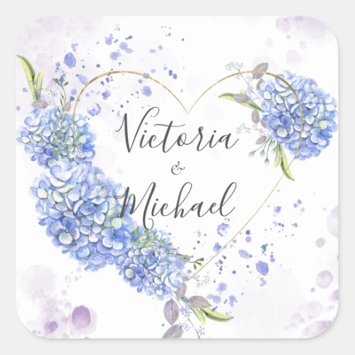 Hydrangea Heart Personalized Names Wedding  Square Sticker