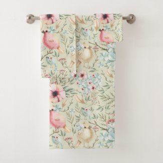 Hydrangea Hearts and Baby Birds Floral Bath Towels