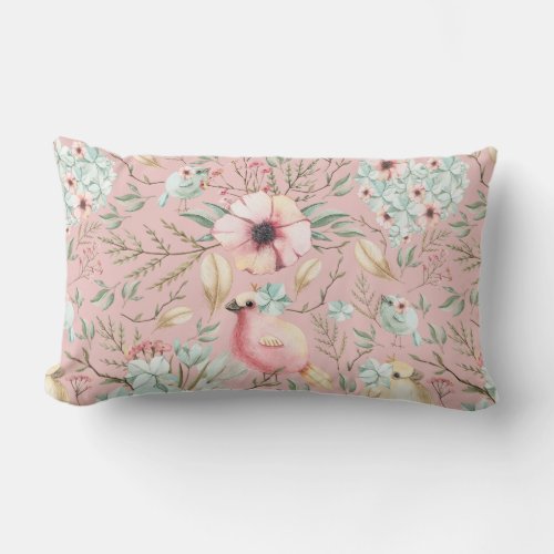 Hydrangea Hearts Birdies Dusty Pink Lumbar Pillow