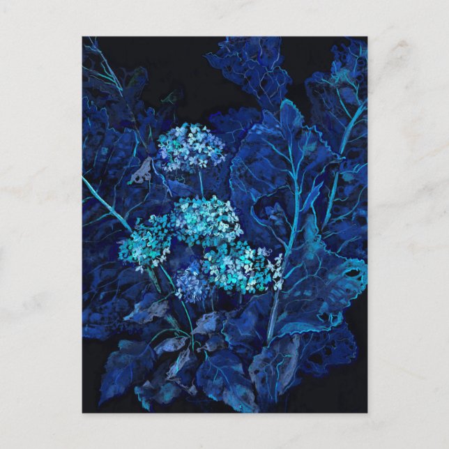 Hydrangea & Horseradish Floral Painting Black Blue Holiday Postcard (Front)
