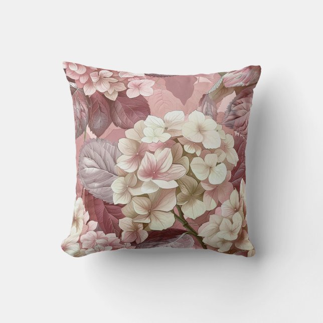 Hydrangea hortensia pink cream blossom petals throw pillow (Front)