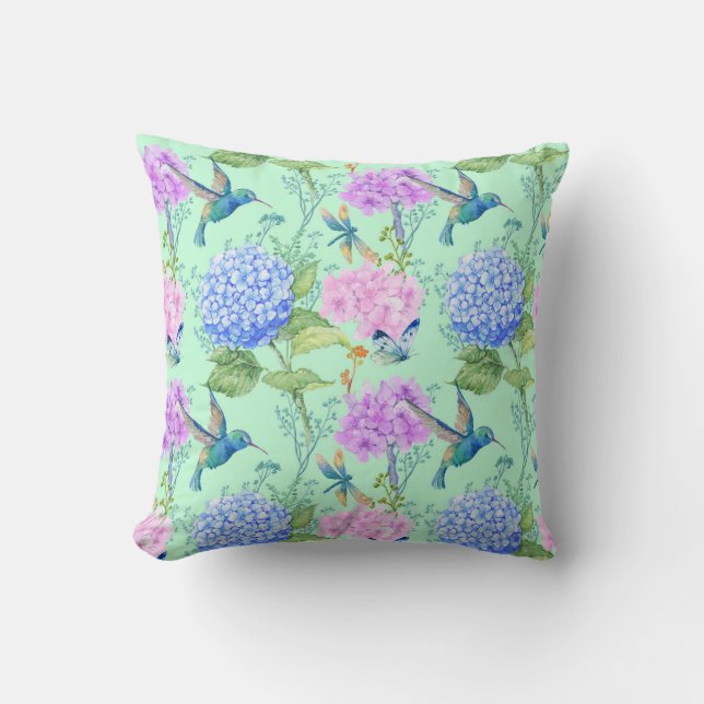 Hydrangea hummingbird lavender blue mint green throw pillow (Front)
