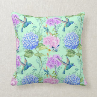 Hydrangea hummingbird lavender blue mint green throw pillow