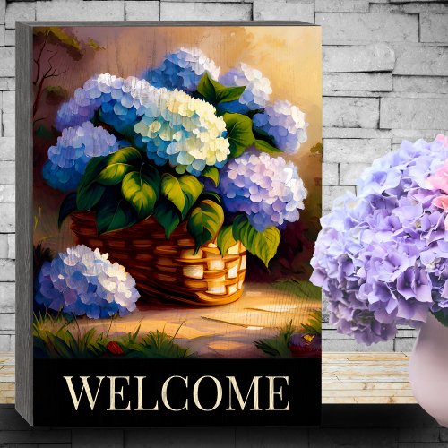 Hydrangea in Basket Welcome Wooden Box Sign