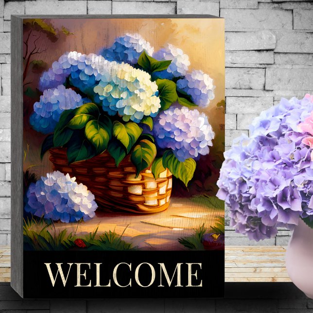 Hydrangea in Basket Welcome Wooden Box Sign (Creator Uploaded)
