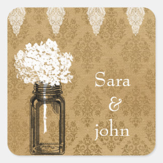 hydrangea in mason jar, burlap favor stickers