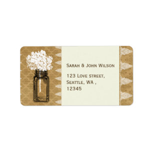 hydrangea in mason jar, burlap wedding labels