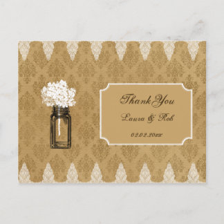 hydrangea in mason jar, burlap wedding thank you postcard