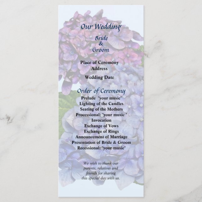 Hydrangea in Shades of Purple Wedding Program (Front)