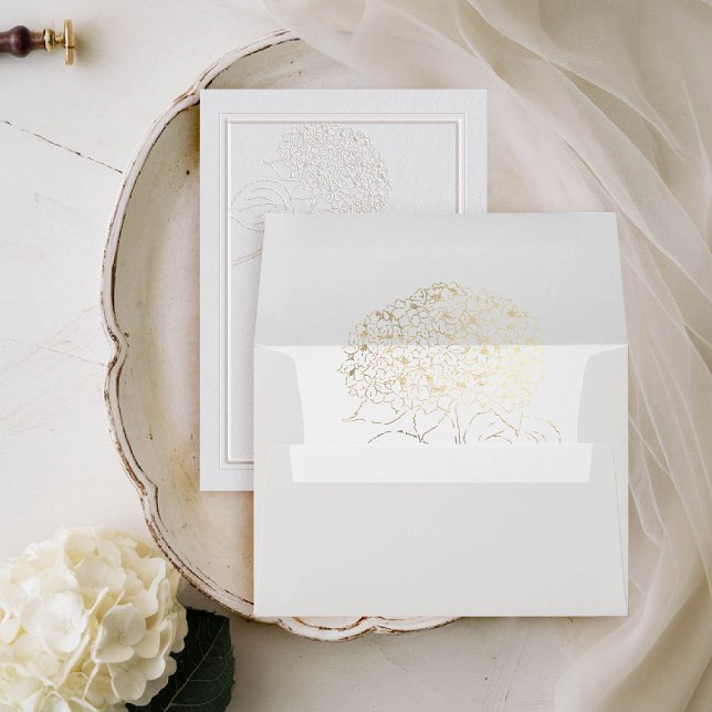 Hydrangea Ivory Art Sketch Brushed Gold Wedding Envelope (hydrangeas wedding envelope formal traditional elegant modern classic double frame ivory gold hint)