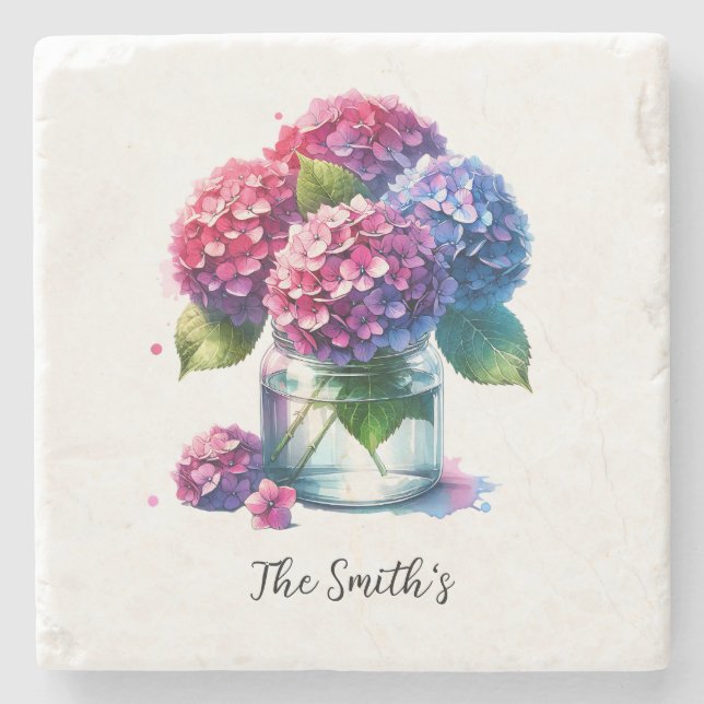 Hydrangea Jar Vase Watercolor Throw Pillow Stone Coaster (Front)