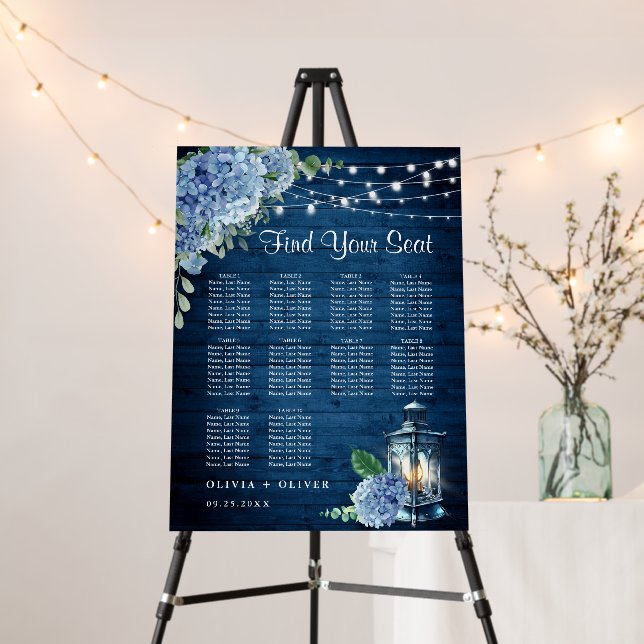 Hydrangea Lantern Navy Wood 10 Table Seating Chart Foam Board (In Situ (Stand))