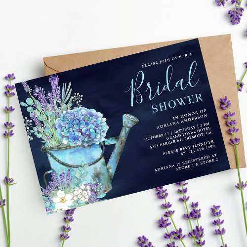 Hydrangea Lavender Floral Navy Blue Bridal Shower Invitation